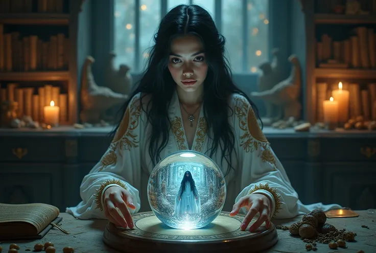 A beautiful and beautiful witch looking at a crystal ball .  Inside the crystal ball is the same witch watching a crystal ball in an infinite loop.