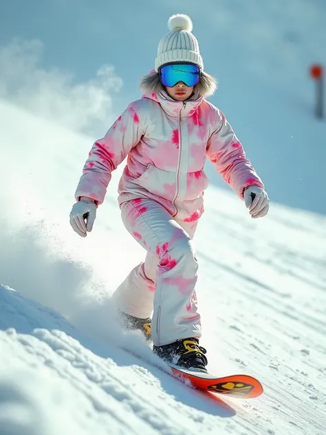 Please provide a realistic picture that satisfies all of the following prompts
・Bob cut gray hair and perm the ends of the hair
・A young Japanese woman and very cute
· White and pink marble knit hat
・Blue reflective goggles
・White and pink marble snowboard...