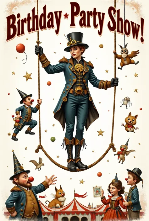 

"A vintage circus-themed poster with a steampunk-inspired performer on a trapeze at the center. The performer wears intricate clothing with gears, goggles, and Victorian-era details. Surrounding them are whimsical circus elements like clowns, animals, an...