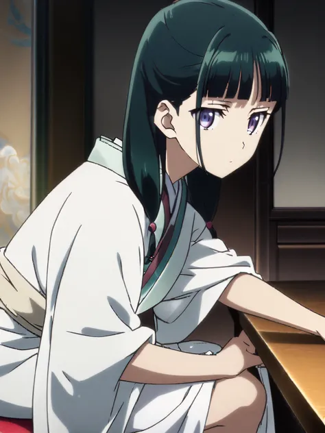 anime - style illustration of a woman in a (white silk loincloth:1.5), (kimono:1.5), anime character, official character art, full body, female anime girl, (small breasts), dark green and teal hair, blunt bangs, in the private room, (sitting posing:1.5), l...