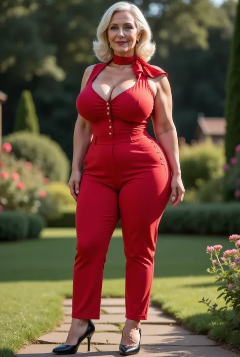 62-year-old grandmother ,  hourglass figure,  SMALL WAIST,  wide hips, big busts,  large back .  curvilinear, exuberant and voluptuous.  She is a sexy MILF in vintage-style clothing. He wears red sailor pants with buttons on the sides, high waist., Wear a ...