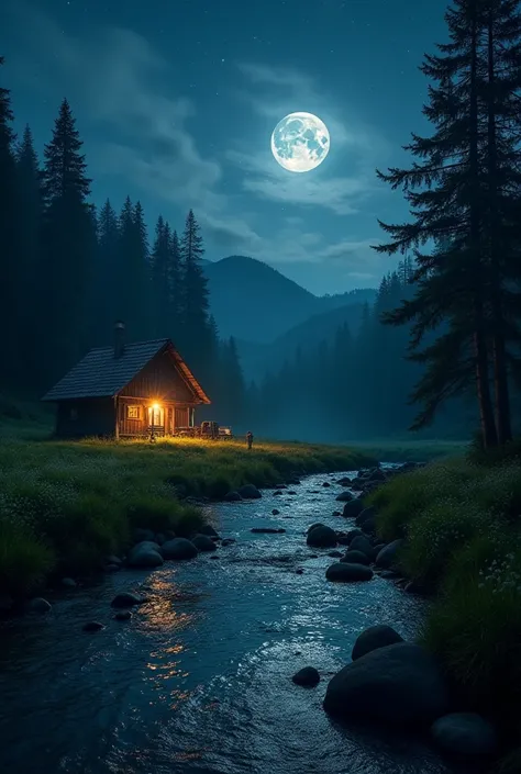  A forest at night and still the moon radiating on the meadow and the light of the nightworms from under the grass.
  A rather large hut on the edge of the river pouring down the waters from the mountain level  .
From the sky the stars produce a certain ma...