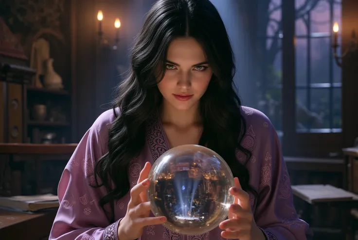 A beautiful and beautiful witch looking at a crystal ball .  Inside the crystal ball is the same witch watching a crystal ball in an infinite loop.