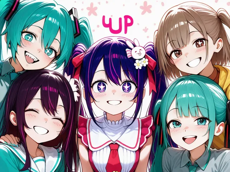 Group of Hatsune miku and hoshino Ai 4 friends,smile,teeth selfiesmiley, happiness,crazy Crazysmileteeth happy
