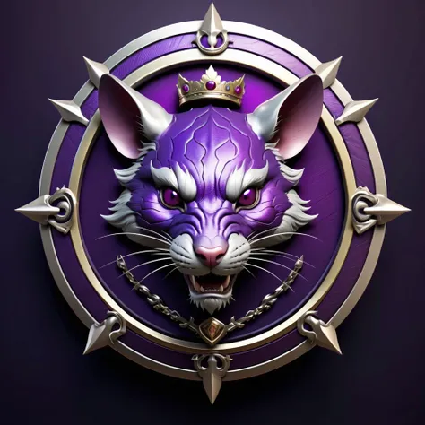 Realistic Round Shield Shape Emblem of a Chinese Platinum&Purple Scary Rat Head, Dark Theme, Face and Body, Cool, Platinum&Purple Crown, Platinum&Purple Rat For Honor Name, Cinematic, Dark Fantasy, Illustration, 4k, Ultra Resolution, 3Dv0.2v0.2 Render