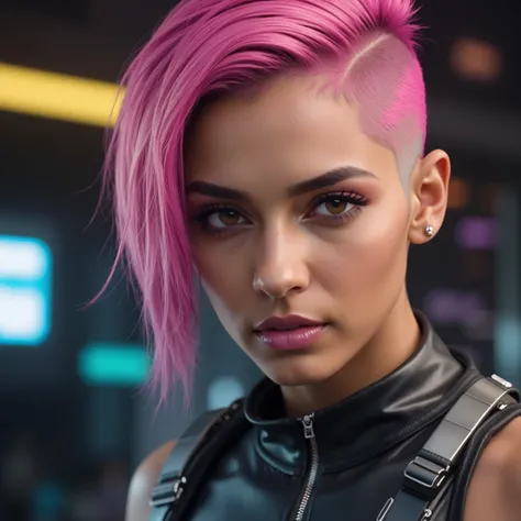 Epic High-quality book cover of a beautiful Cyberpunk Brazilian female with golden tanned skin. 25 years old with very short, cropped undercut hair, neon pink, undercut hair that is shaved on the sides. Her eyes are a sparkling coffee brown. She is dressed...