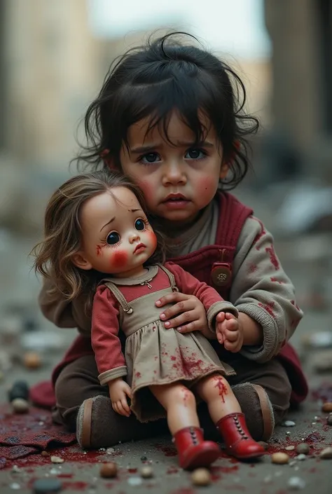 A Palestinian baby girl crying with blood pants and torn dolls