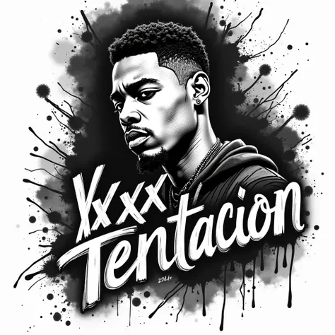 A modern, intricate ink sketch of xxxtentacion, juxtaposed against a bold, high-contrast black-and-white background, evoking a sense of mystery and contemplation, while stylish, indie-inspired text, with worn, handmade typography and subtle, expressive flo...