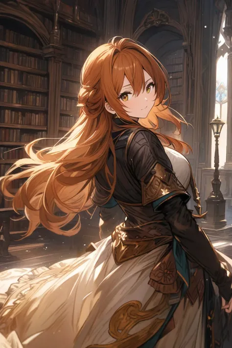 granblue fantasy style, 
1woman, 25 years old, 
yellow eye, 
orange brown hair, long hair, Bangs Between Eyes,
large breasts, 
clothed, looking back, knowing expression
hyper extreme detailed, 
{{{masterpiece}}}, {{{best quality}}}, {{ultra-detailed}}, {il...