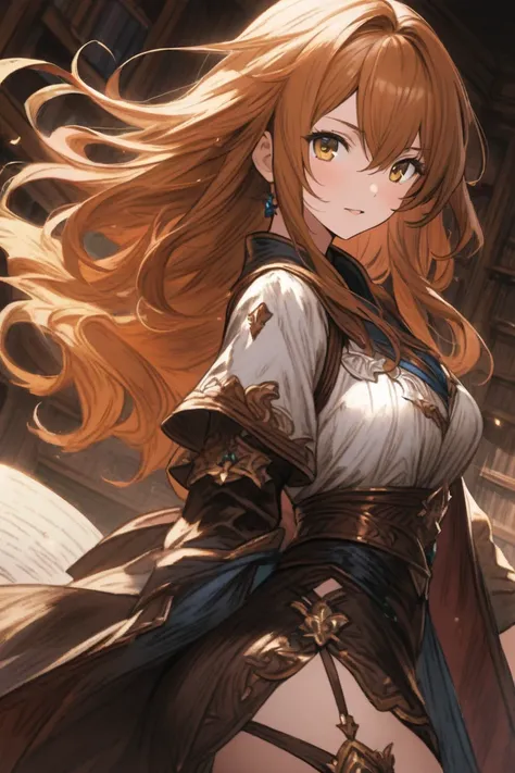 granblue fantasy style, 
1woman, 25 years old, 
yellow eye, 
orange brown hair, long hair, Bangs Between Eyes,
large breasts, 
clothed, looking back, knowing expression
hyper extreme detailed, 
{{{masterpiece}}}, {{{best quality}}}, {{ultra-detailed}}, {il...