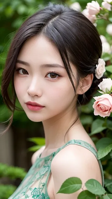 An ultra-realistic, full-body photograph of a young Chinese woman, depicted as a real human being, with an intricate and elegant design of countless real roses and rose vines decorating her entire body. Her hairstyle is adorned with fresh, lifelike roses a...