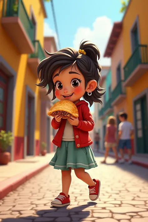 Let the girl walk around eating an empanada 