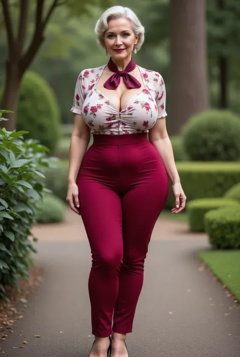 62-year-old grandmother ,  hourglass figure,  SMALL WAIST,  wide hips, big busts,  large back .  curvilinear, exuberant and voluptuous.  She is a sexy Gilf wearing vintage style clothing. Wear red wine dress pants , cinturon negro,  wear floral blouse and ...