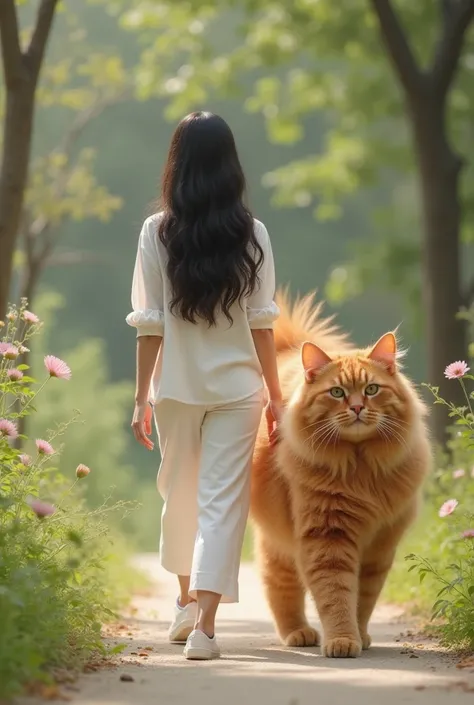 An Indonesian woman, 30 years old, long wavy black hair, ideal body dressed casually in white and walking with a very giant orange Angora cat walking together