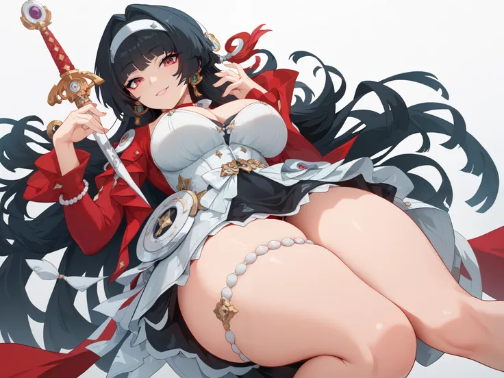 score_9, score_8_up , score_7_up , simple background, looking at viewer, light smile,
 1girl , Alone, astra yao, red eyes, black hair, dress, thighs,Thigh Emphasis、Plump thighs
