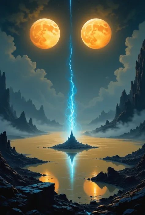 Imagine a hauntingly beautiful, Isometric Art-inspired scene, where two evenly sized, radiant Orange Moons suspend in a starless Night Sky, enveloped by a thick, Gray Fog that permeates the air, allowing the soft, lunar light to seep through and illuminate...