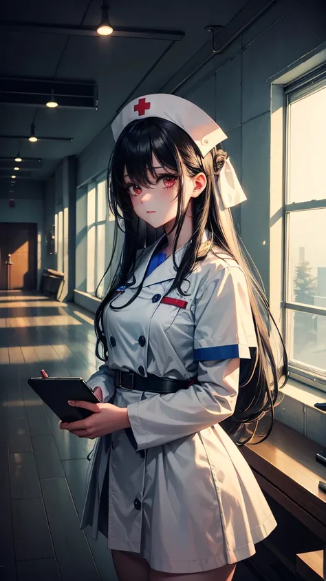  high resolution,  Fantastic, fantasy,Abandoned Hospital, bangs between eyes, black hair,  very long hair,  character profile on the sea cliff , Dirty Nurse Clothes , nurse cap, year old zombie, Ghosts, Tight Skirt,rudgy skin,Pale complexion,meditation,pra...