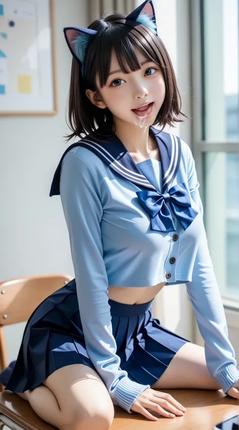 There is a smiling woman sitting at the table,  ((( open your mouth、After the blowjob、 ejaculates in her mouth )))、 side view 、break ((( Tight Breasts 、Separated Breasts 、 tight breasts)))、((( sailor collar 、 Navy Blue Ruffle Skirt ,  Navy Blue Ruffles Sho...