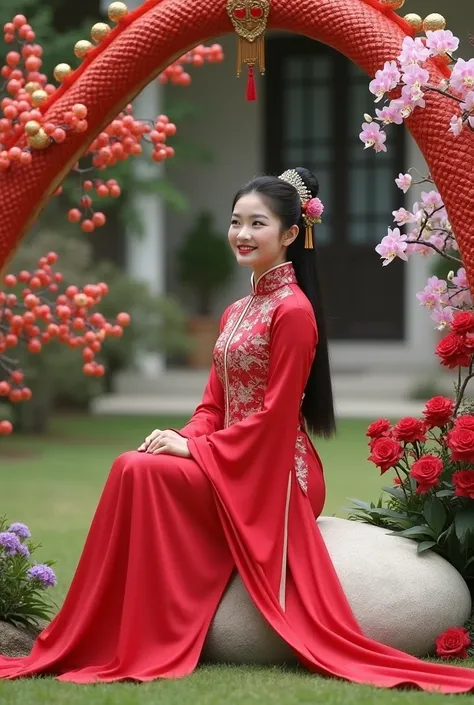 A realistic beautiful sweet smile Asian woman,26x24x38 bodysize, 130kgweight, long black straight hair with ponytail,wearing red white traditional Chinese Hanfu dress,,shes sitting on a white round rock with flowers arch, in front of traditional Chinese dr...