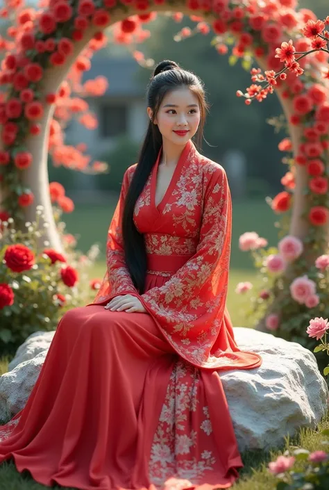 A realistic beautiful sweet smile Asian woman,26x24x38 bodysize, 130kgweight, long black straight hair with ponytail,wearing red white traditional Chinese Hanfu dress,,shes sitting on a white round rock with flowers arch, in front of traditional Chinese dr...