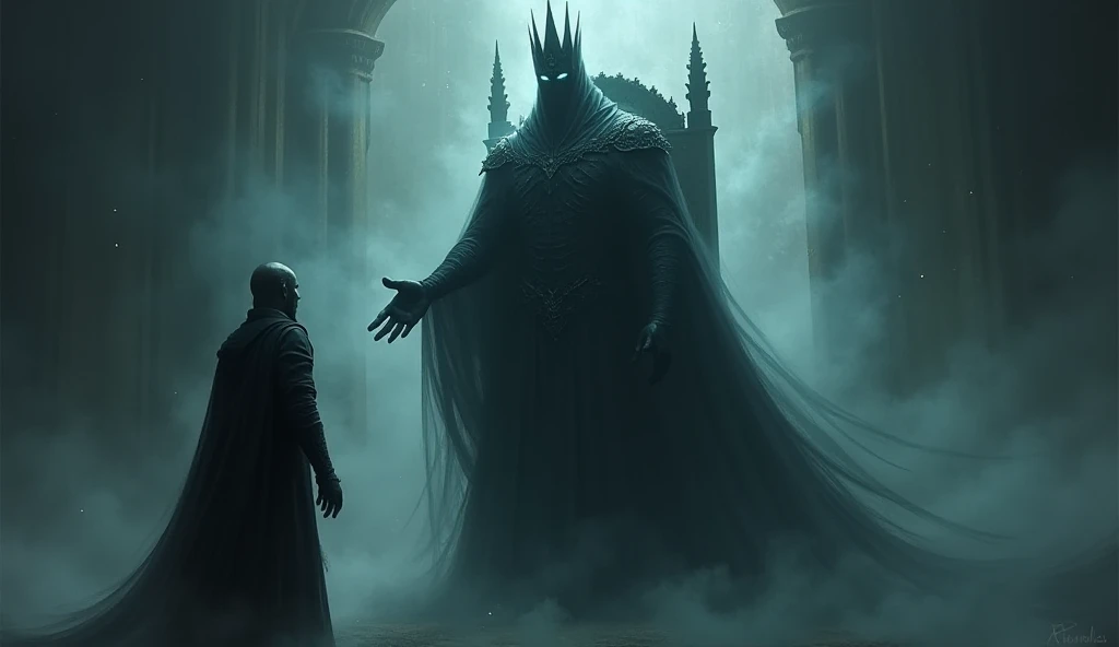 A dark, regal figure, the King of Ghosts, standing on a throne made of shadows and mist. He extends his hand toward the warrior, offering a pact. His eyes burn with an ominous glow.
