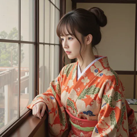 In a style of Japanese  painting. a woman leaning on the frame of window ,looking outside in a traditional japanese house , wearing a japanese traditional attire. a shot of up to her waist from behind