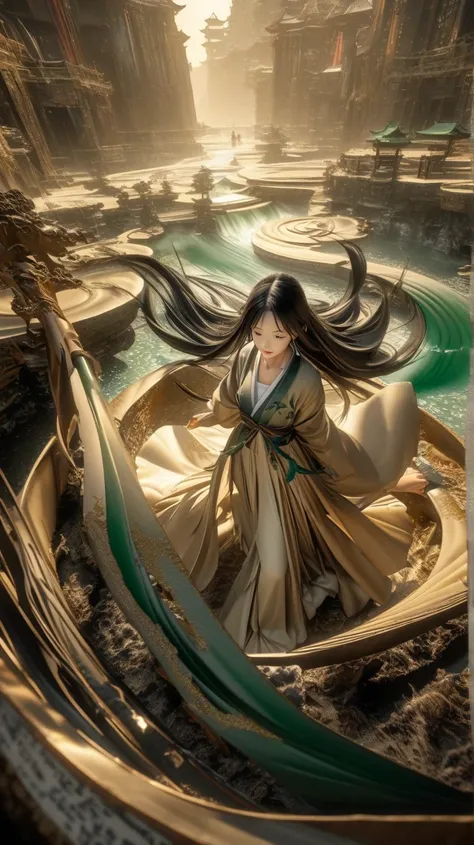 
Drone perspective.A small ancient Chinese young woman walks on a number of undulating scrolls covered with calligraphy characters. She carries a long sword, wears a flowing soft silk Hanfu, and her long hair moves in the wind. 3D rendered Chinese ink pain...