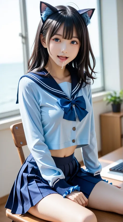 There is a smiling woman sitting at the table,  ((( open your mouth、After the blowjob、 ejaculates in her mouth )))、 side view 、break ((( Tight Breasts 、Separated Breasts 、 tight breasts)))、((( sailor collar 、 Navy Blue Ruffle Skirt ,  Navy Blue Ruffles Sho...