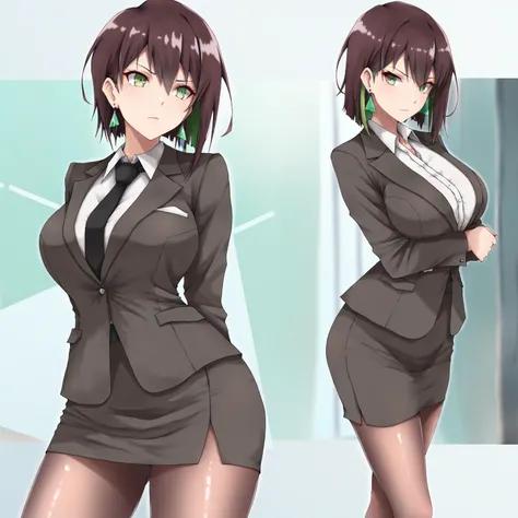 masterpiece, (((( best quality )))),1 girl, Japanese Anime ,character profilele,shiny skin, wearing a black suit,skirt suit, black tie , dark hair, short bob hair,The inner color of the hair is green, green eyes,isosceles triangle earrings, black tights,la...