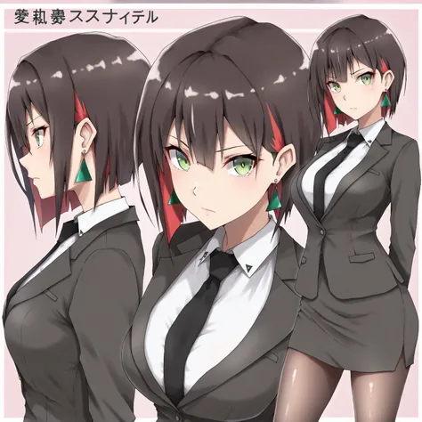 masterpiece, (((( best quality )))),1 girl, Japanese Anime ,character profilele,shiny skin, wearing a black suit,skirt suit, black tie , dark hair, short bob hair,The inner color of the hair is green, green eyes,isosceles triangle earrings, black tights,la...