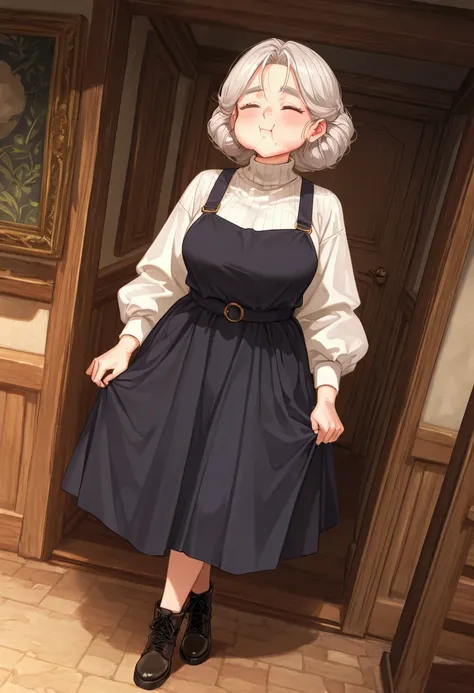 pinafore dress, turtleneck, ankle boots, (puffed cheeks:1.2), (Glancing Elsewhere:1.1), (a waist shot from diagonal angle:1.1), (masterpiece, absolutely resolution, incredibly absurdres, very aesthetic, very aesthetic details, insanely detailed, ultra deta...