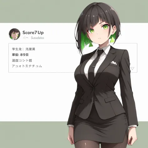 masterpiece, (((( best quality )))),1 girl, Japanese Anime ,character profilele,shiny skin, wearing a black suit,skirt suit, black tie , dark hair, short bob hair,The inner color of the hair is green, green eyes,isosceles triangle earrings, black tights,la...