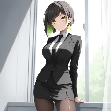 masterpiece, (((( best quality )))),1 girl, Japanese Anime ,character profilele,shiny skin, wearing a black suit,skirt suit, black tie , dark hair, short bob hair,The inner color of the hair is green, green eyes,isosceles triangle earrings, black tights,la...