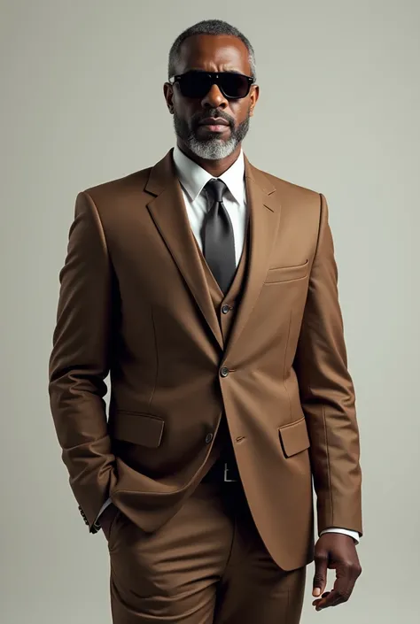 brown suit pants, white shirt and brown suit jacket wearing ethiopian man with black sun glass