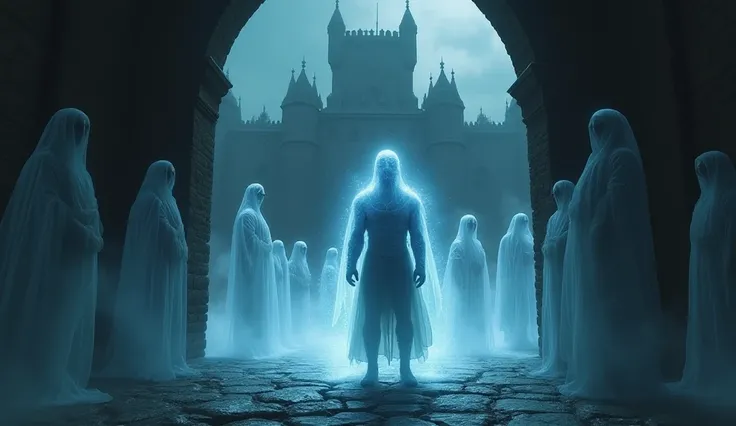 The warrior steps out of the castle, his body now translucent, with an ethereal glow. He looks at his own form in shock, surrounded by ghostly figures that once were his allies. The castle looms behind him, now dark and silent.
