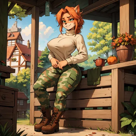 shy, Futanari anthro bandicoot girl redhead,  braided hair, beautiful green eyes, sexy, , relaxing sexy moment, seductive, warm sweater, camouflage pants, army boots, , Cozy autumn atmosphere, , the forest, autumn , Girl in sweater, ,trousers, army boots, ...