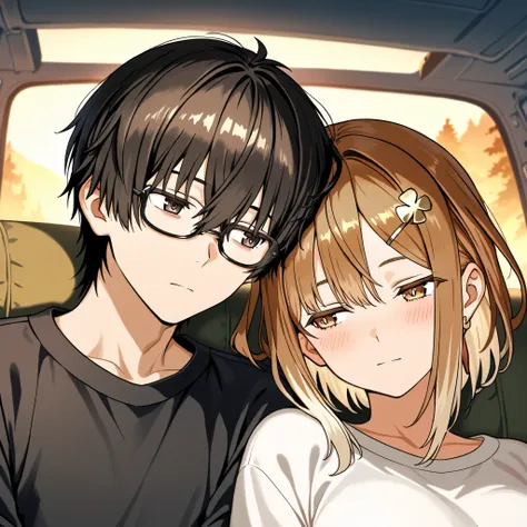 Love couple, Male Rover and Ryza, wearing glasses, depressed looking, camp in background, leaning on each other, masterpiece, best quality, High resolution 