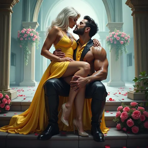 ROMANTIC CINEMATIC POSTER: A BEAUTIFUL voluptuous REAL FIT SUPER HEROINE ELEGANT IN LOVE HAPPY STUNNING STRONG MUSCULAR, PLATINUM STRAIGHT HAIR, WEARING HIGH HEELS, ELEGANT SHINY SILK WEDDING yellow GOWN DRESS, showing off her beautiful thick legs, sitting...