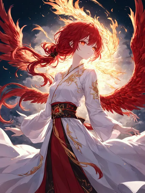 masterpiece, best quality, ultra-detailed, highly detailed, intricate details, cinematic lighting, (Niji style:1.2), (fantasy illustration:1.3), (detailed face:1.2), (sharp focus), vibrant colors

A mythical phoenix spirit, (long red hair tied in a low pon...