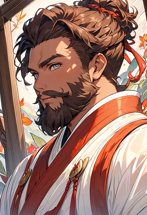 Portrait RPG, Bronze frame, close-up, :  dwarf, gender: male, age: 30 years, eye:  dark brown ; Skin color:  white skin due to magic, hair:  Curly Brown , Physical build: Fat complexion,   facial features  : Leafy beard, Performance:  Cheerful look , machi...