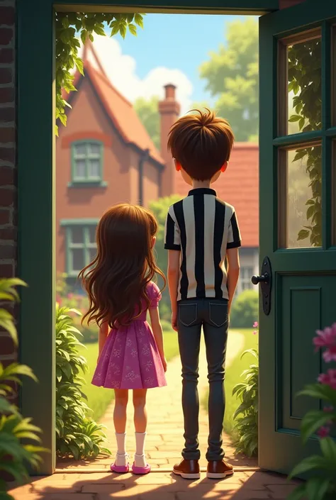 Typical English house, girl with long brown hair in short fuxua dress and tall boy with black hair and black and white vertical striped shirt look out the door 