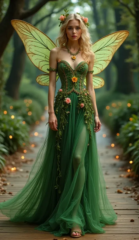 Design a mesmerizing haute couture dress inspired by an enchanted forest fairy, crafted for a fantasy-themed runway show. The gown should include:

A flowing, asymmetrical gown in shades of emerald, deep moss, and golden amber, resembling the lush tones of...