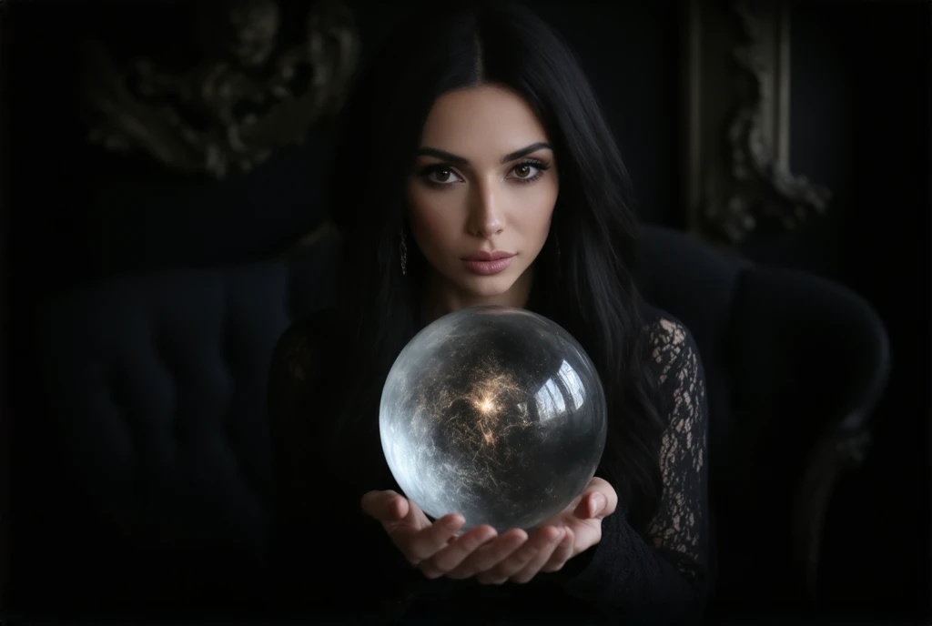 A beautiful and beautiful witch looking at a crystal ball . Inside the crystal ball, an apocalyptic world appears taken over by Lovecraftian creatures.  Professional boudoir photography.