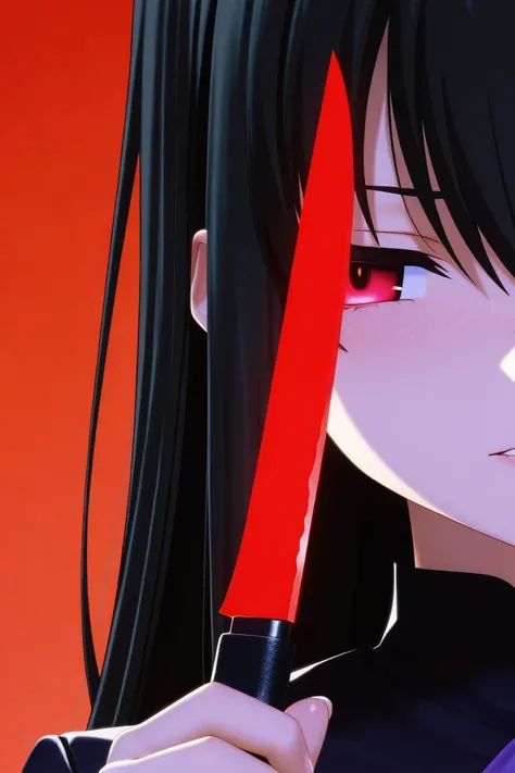 masterpiece, best quality, amazing quality, very aesthetic, anime girl with long black hair holding a knife in her hand, scarlet background, portrait gapmoe yandere grimdark, anime style like fate/stay night, inspired by Ryuzaburo Umehara, vtuber, anime st...