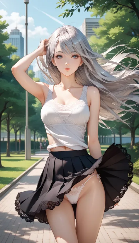 masterpiece, 8k, わきDownを見せない, Down,  no background,  becomes transparent when you stare at it {x}, PE, front view, cowboy shot,  perfect and beautiful face, Beautiful breasts,  thin legs, slim, beauty mark, silver long hair, total lace white tank top, (bla...