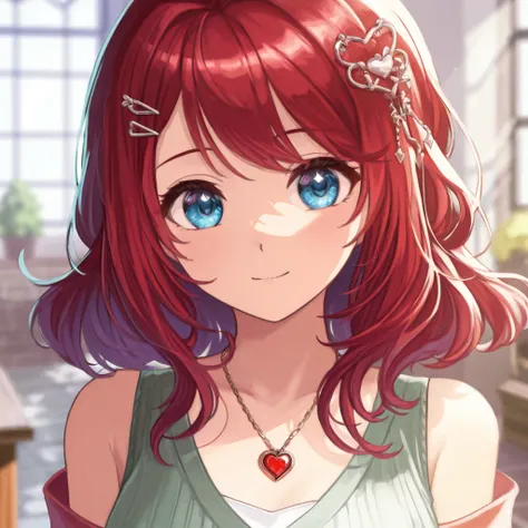 A beautiful anime girl with shoulder-length wavy red hair transitioning into a soft purple hue at the tips. She has bright, sparkling blue eyes with a warm, gentle expression. She wears a delicate green sleeveless top with a white undershirt and a heart-sh...