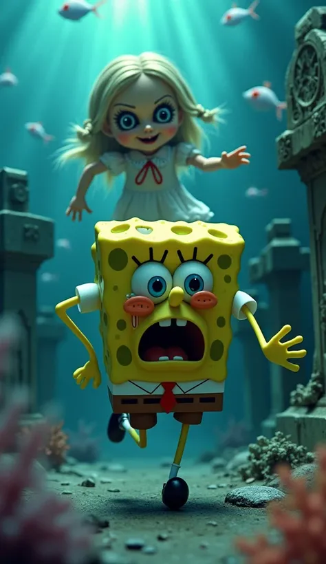 
*"A cartoon character resembling SpongeBob SquarePants is running in terror, his face filled with fear, tears streaming down as he desperately flees. Behind him, an eerie Annabelle doll with cracked porcelain skin, haunting glassy eyes, and a sinister smi...