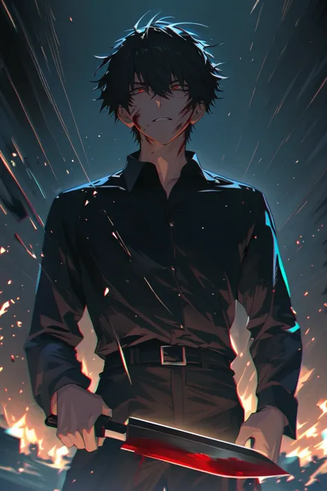 impasto, cool manga style, high quality, extremely detailed, extremely delicate line, amazing color, masterpiece, dark atmosphere, 1 man, killer, handsome, tall, slender, black hair, sharp eyes, half-lidded eyes, handsome, beautiful, ecstatic expression, b...