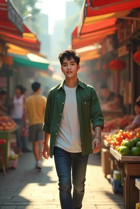 "A handsome Korean man, age 32, with short black hair and fair skin, dressed in a stylish Green shirt layered over a white T-shirt, walking through a vibrant market during daytime. The scene is highly detailed and realistic, with sharp 8K resolution and ma...