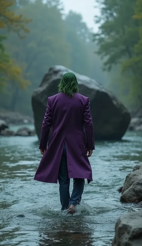 {
  "prompt": "A realistic depiction of Joker from the Suicide Squad movie walking towards a large rock in the river. He is wearing his signature purple coat and has long green slicked-back hair. The scene captures his full body as he approaches the stone ...